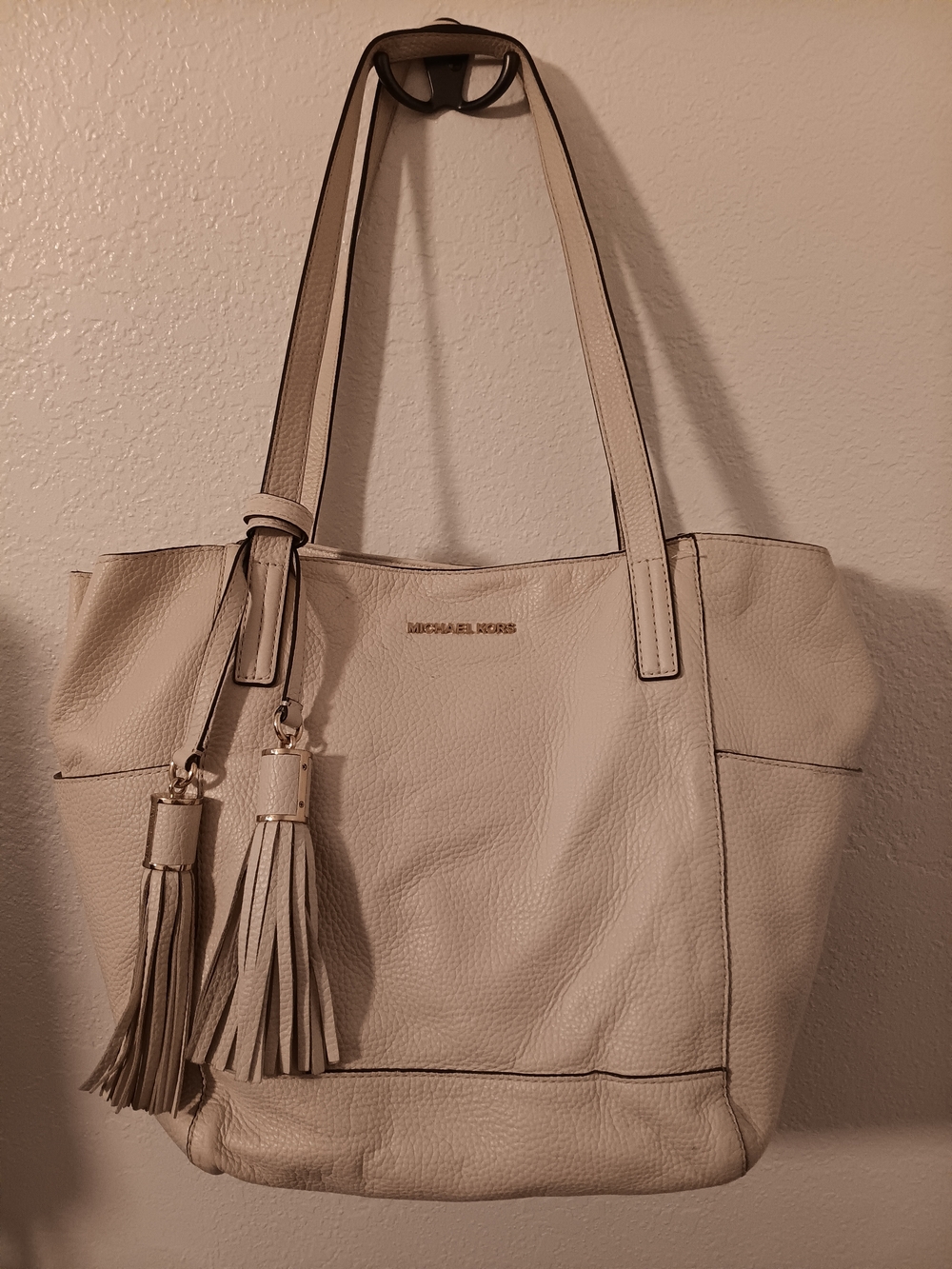 Michael Kors Ivory Pebbled Leather Tote with Tassels